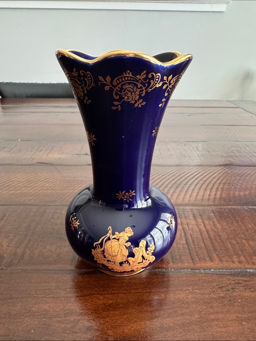 Limoges Castel Cobalt Blue and Gold Scalloped Rim Vase